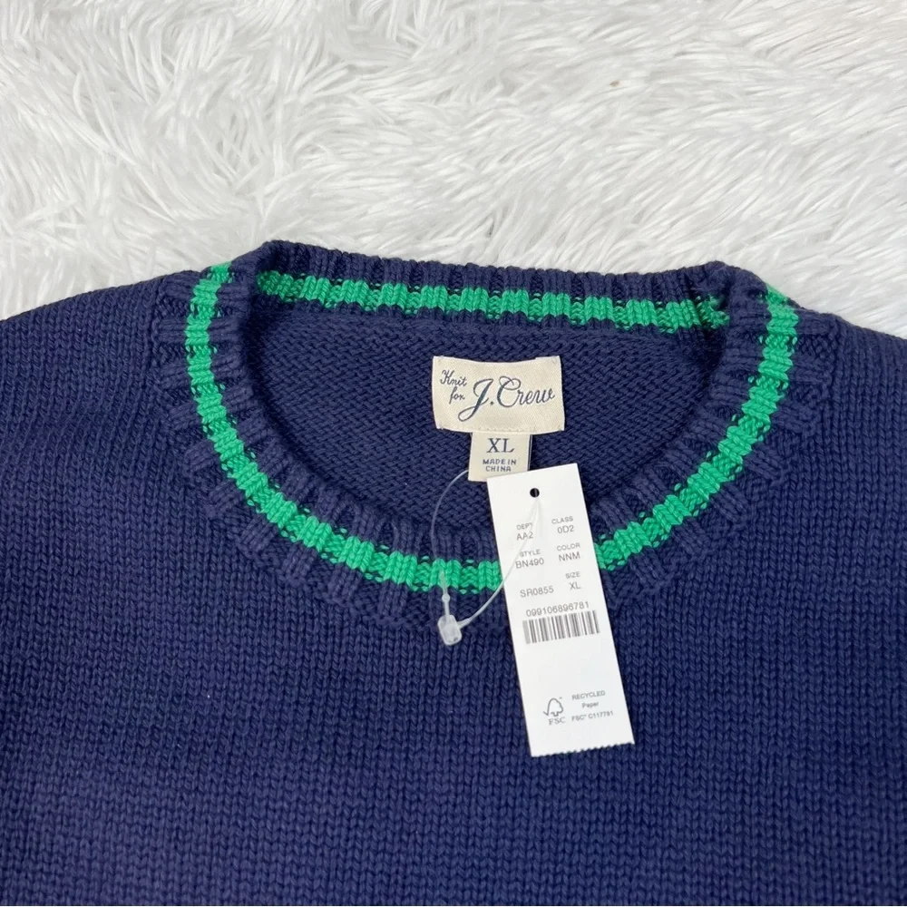 J Crew long sleeve Heritage cotton tipped pullover sweater crew neck navy blue‎